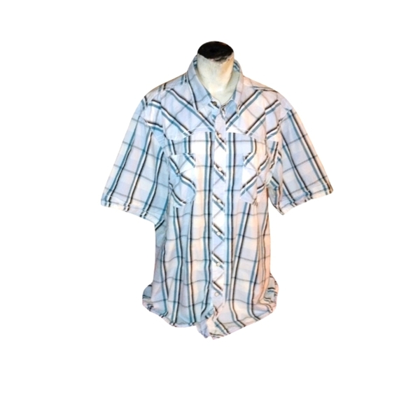 Men's BKE Short Sleeve Snap Buttons Blue Plaid 100%Cotton Shirt Size XL - Picture 1 of 9